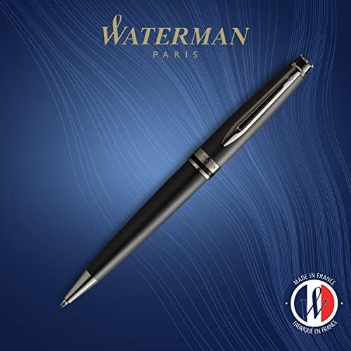 עט כדורי מומחה של ווטרמן | לכה שחורה מתכתית עם קיצוץ רותניום | נקודה בינונית | דיו כחול | עם קופסת מתנה